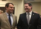 Kentucky state Sen. Stephen West, a Republican from Paris, meets with National Horsemen's Benevolent and Protective Association chief executive officer Eric Hamelback during KEEP Day