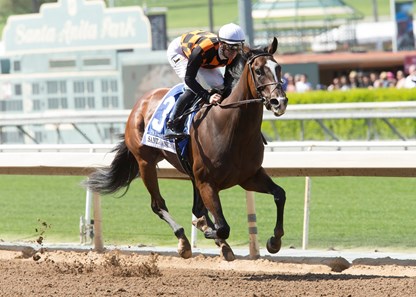 Wygod and Sarkowsky's Paradise Woods and jockey Flavien Prat win the Grade I $400,000 Santa Anita Oaks Saturday April 8, 2017 at Santa Anita Park, Arcadia CA.