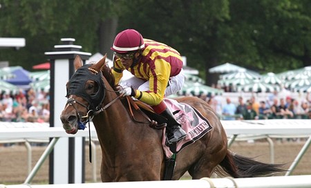 Irish Strait #8 with Orlando Bocachica riding won the $100,000 Grade III Red Bank Stakes at Monmouth Park in Oceanport, New Jersey on Saturday May 27, 2017.