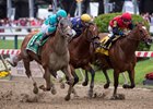 Whitmore (outside) catches A. P. Indian (rail) to win the Maryland Sprint Stakes