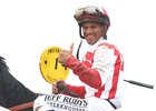 Javier Castellano gives a thumbs up aboard Cloud Computing after the Preakness