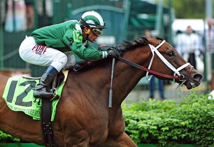 Green Mask, Javier Castellano up, wins the 23rd running of the Gr.3 Twin Spires Turf Sprint at Churchill Downs.