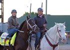 Rosie Napravnik aboard Girvin with trainer Joe Sharp on the pony