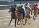 Highway Star (inside) turns back eventual Breeders' Cup Filly & Mare Sprint winner Bar of Gold to win the 2017 Ruffian Stakes at Belmont Park