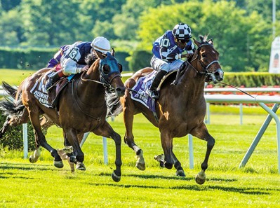 #10 Red Cardinal with jockey Eduardo Pedroza up holds and beats #13 St. Michel ridden by Irad Ortiz Jr. to win the 4th running of The Belmont Gold Cup Invitational GIII at Belmont Park June 9th in Elmont, N.Y. Photo by Skip Dickstein