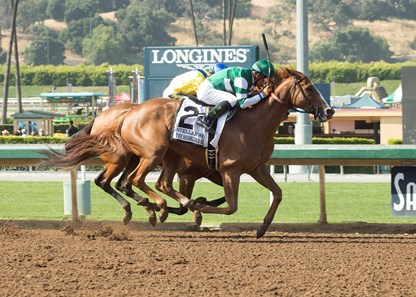 Stellar Wind and jockey Victor Espinoza, outside, overpower Vale Dori (Rafael Bejarano), inside, to win the Grade I, $400,000 Beholder Mile, Saturday, June 3, 2017 at Santa Anita Park, Arcadia CA.