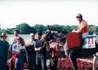 Skip Away, Jose Santos up, after his 1996 Ohio Derby win
