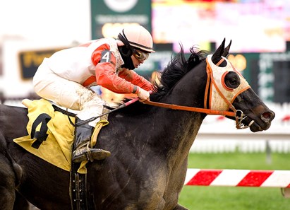 In this photo released by the Maryland Jockey Club, Ben’s Cat ridden by Jeremy Rose wins the $75,000 Mister Diz Stakes for 3-year-olds and up at Pimlico Race Course on Saturday, April 9, 2011. (Maryland Jockey Club, Jim McCue)