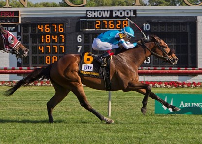 Ghost Hunter winning The Arlington Handicap at Arlington International July 8th 2017, jockey Edwin Gonzalez up