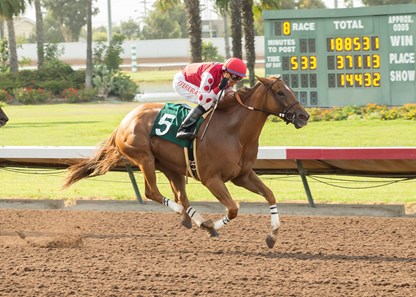 Skye Diamonds and jockey Tiago Pereira win the G2, $200,000 Great Lady M Stakes, Saturday, July 8, 2017 at Los Alamitos Race Course, Cypress CA.
