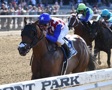 American Gal with Flavien Prat wins Victory Ride (G3) at Belmont Park on July 9, 2017.July 9, 2017 in Elmont, New York.
