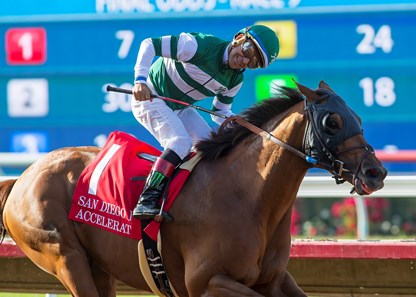 Accelerate and jockey Victor Espinoza win the 2017 TVG San Diego Handicap