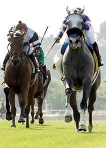 Nick Alexander's Enola Gray and jockey Flavien Prat, right, outleg Prize Exhibit (Santiago Gonzalez), left, to win the 2017 Wilshire Stakes, Saturday, July 1, 2017 at Santa Anita Park, Arcadia CA.