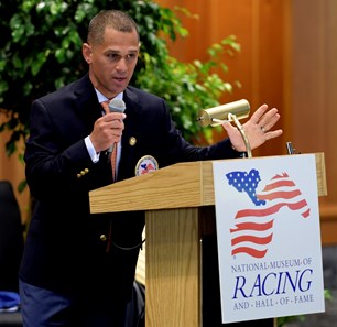 Class of 2017 HOF member jockey Javier Castellano gives his acceptance speech at the National Museum of Racing and Hall of Fame induction ceremony held Aug. 4, 2017 at the Fasig Tipton auditorium in Saratoga Springs, N.Y.