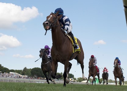 Oscar Performance winning the Secretariat Stakes at Arlington International on August 12, 2017, jockey Jose Ortiz up