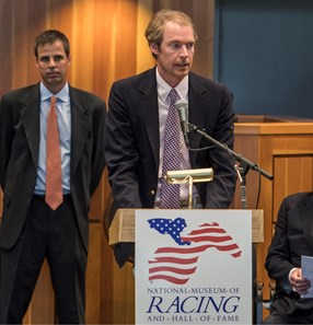 Sam Voss, son of Thom Voss gives the acceptance speech for his father at the National Museum of Racing and Hall of Fame induction ceremony held Aug. 4, 2017 at the Fasig Tipton auditorium in Saratoga Springs, N.Y.