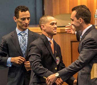 Class of 2017 HOF jockey Javier Castellano, center is congratulated by fellow Hall members John Velazquez, left and Ramon Dominguez at the National Museum of Racing and Hall of Fame induction ceremony held Aug. 4, 2017 at the Fasig Tipton auditorium in Saratoga Springs, N.Y.