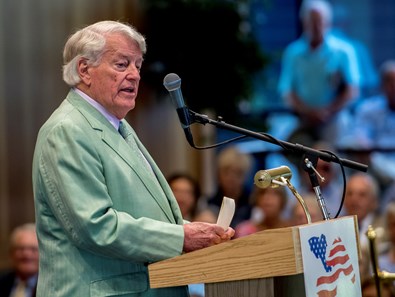 Harold A. Sonny Via Jr. owner of Good Night Shirt gives the acceptance speech at the National Museum of Racing and Hall of Fame induction ceremony held Aug. 4, 2017 at the Fasig Tipton auditorium in Saratoga Springs, N.Y.