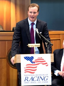 Ogden Phipps II accepts the honor for his father Ogden Phipps at the National Museum of Racing and Hall of Fame induction ceremony held Aug. 4, 2017 at the Fasig Tipton auditorium in Saratoga Springs, N.Y.
Photo by Skip Dickstein