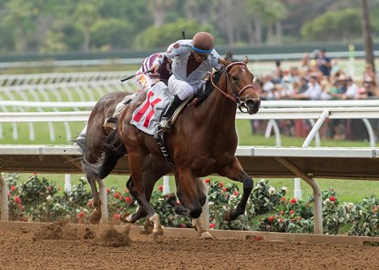 DP Racing's Continental Divide and jockey Victor Espinoza win the $100,000 Graduation Stakes, Sunday, August 6, 2017 at Del Mar Thoroughbred Club, Del Mar CA.
