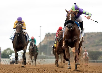 Spectator and jockey Jamie Theriot win the Grade II, $200,000 Sorrento Stakes, Saturday, August 5, 2017 at Del Mar Thoroughbred Club, Del Mar CA.