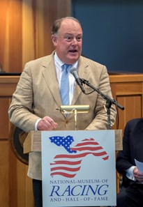 Richard Herrmann, great-grandson of Matt Winn gives the acceptance speech at the National Museum of Racing and Hall of Fame induction ceremony held Aug. 4, 2017 at the Fasig Tipton auditorium in Saratoga Springs, N.Y.
Photo by Skip Dickstein