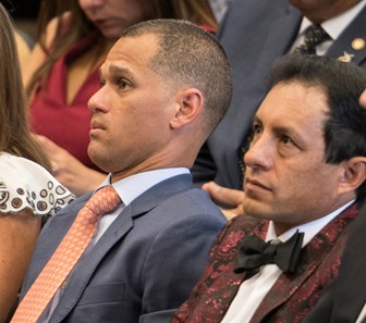 Contemporary jockeys Javier Castellano, left and Victor Espinoza with their turn to be honored at the National Museum of Racing and Hall of Fame induction ceremony held Aug. 4, 2017 at the Fasig Tipton auditorium in Saratoga Springs, N.Y.