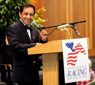Jockey Victor Espinoza gives the acceptance speech at the National Museum of Racing and Hall of Fame induction ceremony held Aug. 4, 2017 at the Fasig Tipton auditorium in Saratoga Springs, N.Y.