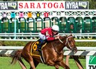 Gun Runner with jockey Florent Geroux carries a little extra weight, Cautious Giant's shoe hanging from his tail as he wins the 90th running of The Whitney at the Saratoga Race Course Saturday Aug. 5, 2017 in Saratoga Springs, N.Y.