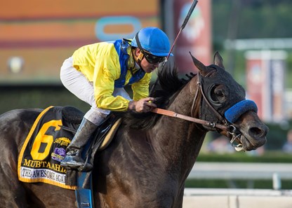 Mubtaahij and jockey Drayden Van Dyke win the G1, $300,000 Awesome Again Stakes, Saturday, September 30, 2017 at Santa Anita Park, Arcadia CA.