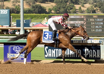 Moonshine Memories and jockey Flavien Prat win the G1 $300,000 Chandelier Stakes Saturday, September 30, 2017 at Santa Anita Park, Arcadia, CA.