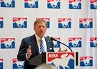 Alex Waldrop at a September press conference outlining changes to reporting and withholding requirements for pari-mutuel winnings