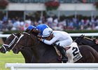 Yoshida (inside) wins the Hill Prince Stakes at Belmont Park