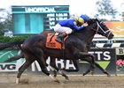 Eskenformoney narrowly scores over Verve's Tale in the Turnback the Alarm Handicap at Belmont Park