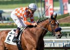 Kent Desormeaux pilots Top of the Game to victory in the Comma to the Top Stakes at Santa Anita Park