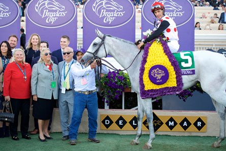 Connections of World Approval celebrate after winning the Breeders Cup Mile on November 4, 2017.