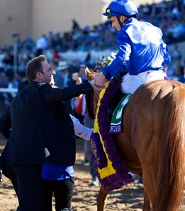 William Buick celebrates after winning the Breeders Cup Filly and Mare Turf atop Wuheida on November 4, 2017.