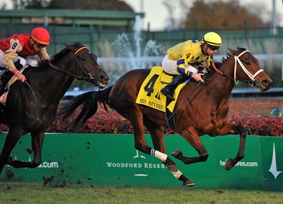 Lovely Bernadette, Florent Geroux up, holds off Journey Home to win the Gr.2 Mrs. Revere Stakes at Churchill Downs.