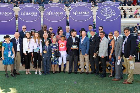 Connections of Caledonia Road after winning the 14 Hands Winery Juvenile Fillies on November 4, 2017.