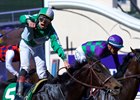 Irad Ortiz Jr. celebrates his victory aboard Bar of Gold in the Breeders' Cup Filly & Mare Sprint at Del Mar