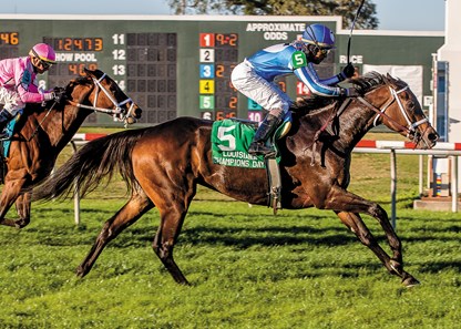 12/9/2017 - Inveniam Viam with jockey Shaun Bridgmohan aboar captures the 27th running of the Louisiana Champions Day Ladies Turf at Fair Grounds. Hodges Photography / Lou Hodges, Jr.
