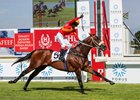 MJ Byleveld celebrates as Tap o' Noth soars under the line in the Cape Guineas at Kenilworth Park
