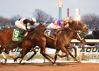 Aunt Babe (outside) wins the Fifth Avenue Stakes over Pure Silver (rail) at Aqueduct Racetrack