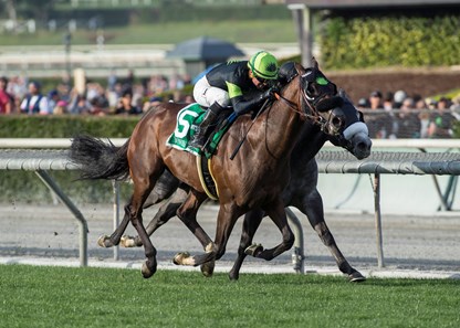Agave Racing Stable's Bowies Hero and jockey Kent Desormeaux, outside, outleg Kroy (Javier Castellano), inside, to win the Grade II, $200,000 Mathis Brothers Mile, Tuesday, December 26, 2017 at Santa Anita Park, Arcadia CA.