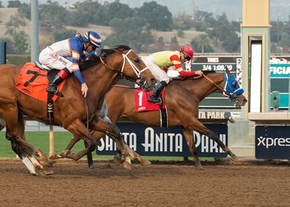 Silent Bird and jockey Kent Desormeaux, right, outleg Tough Sunday (Tyler Baze), left, to win the G3, $100,000 Midnight Lute Stakes, Saturday, December 30, 2017 at Santa Anita Park, Arcadia CA.