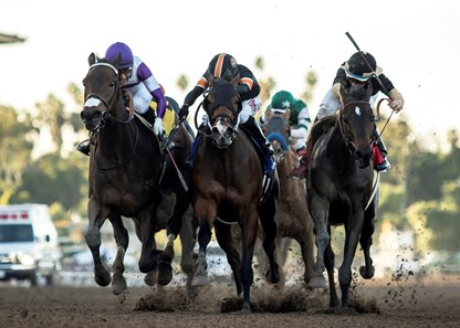Reddam Racing's Mopotism and jockey Mario Gutierrez, left, overpower Mended (Ricardo Gonzalez), middle, and La Force (Drayden Van Dyke), right, to win the G2, $200,000 2018 La Canada Stakes