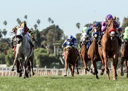 Reddam Racing's How About Zero and jockey Mario Gutierrez, right, win the $150,000 Sunshine Millions Filly and Mare Turf Sprint, Saturday, January 27, 2018 at Santa Anita Park, Arcadia CA.