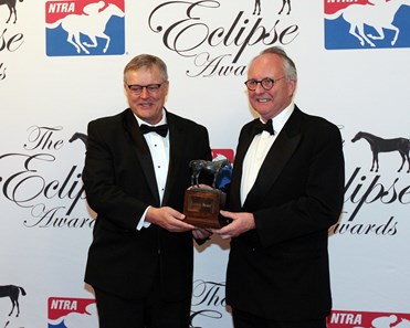 Craig Fravel present the Outstanding Owner award to Garrett O'Rourke and CEO of Juddmonte Farms, Douglas Erskine-Crum 2018 Eclipse Awards , Gulfstream Park