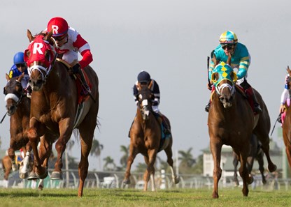 Oscar Nominated and Jose Ortiz winning the W.L. McKnight at Gulfstream Park on January 27, 2018.