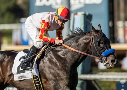 Heck Yeah and jockey Drayden Van Dyke win the $100,000 California Cup Turf Sprint Stakes, Saturday, January 27, 2018 at Santa Anita Park, Arcadia CA.